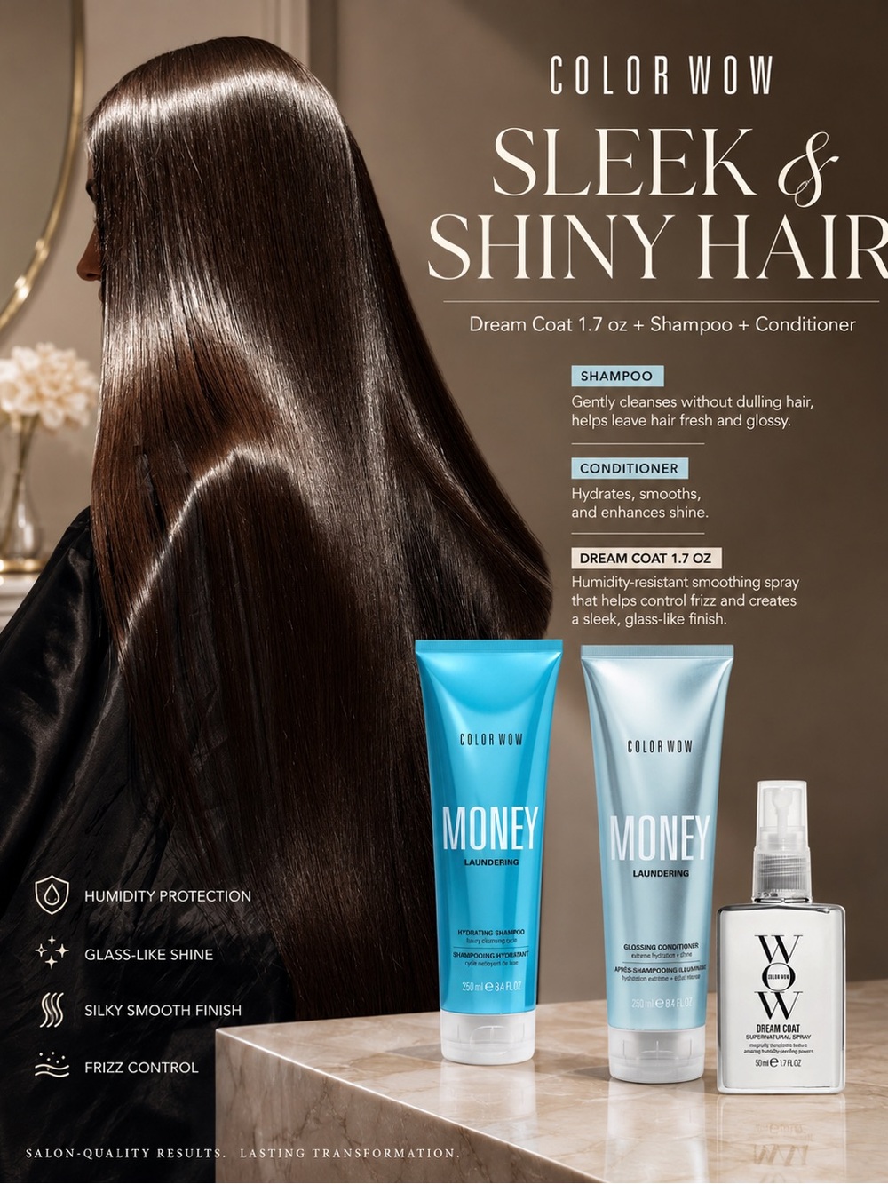 Color Wow Sleek & Shiny Hair Set – Money Shampoo, Conditioner + Dream Coat